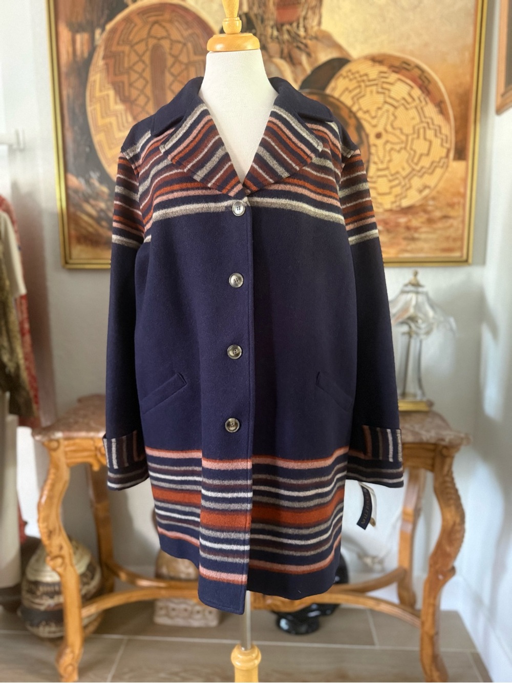 NWT Pendleton Purple Wool Pea Coat with Rust and Cream Stripes